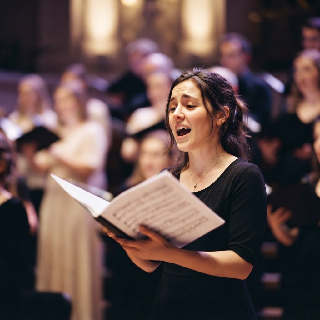 Choir singer and choral score in focus during rehearsal
