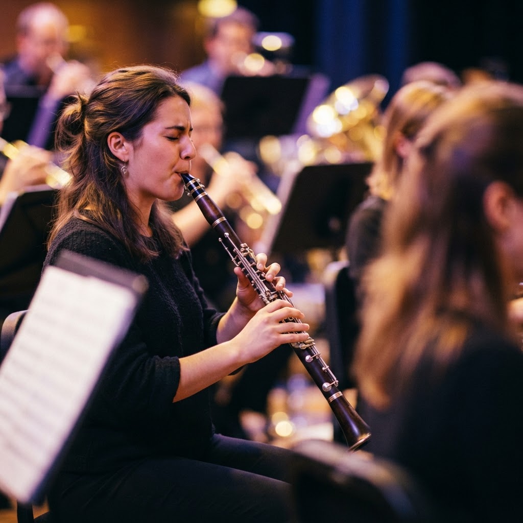 Student clarinetist in focus during school band rehearsal