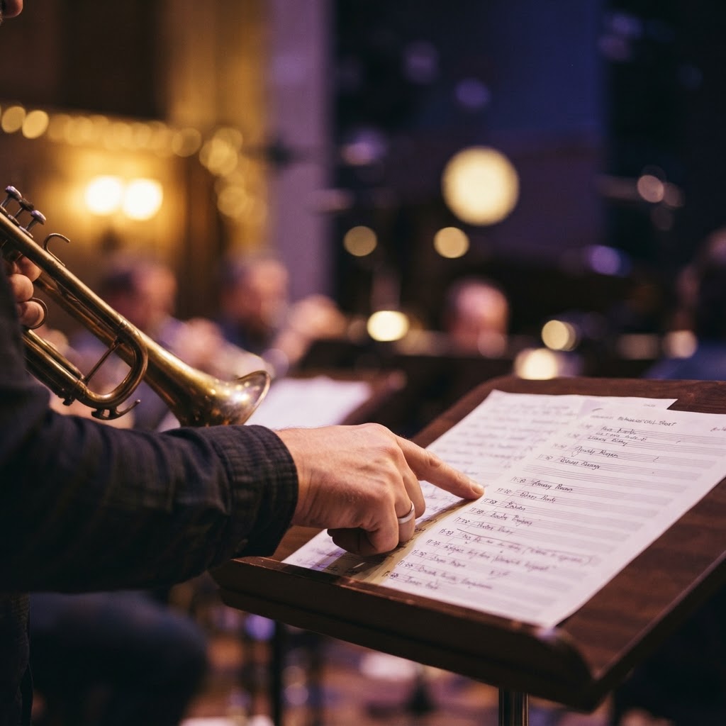 Musician reviewing a rehearsal call sheet beside a brass instrument