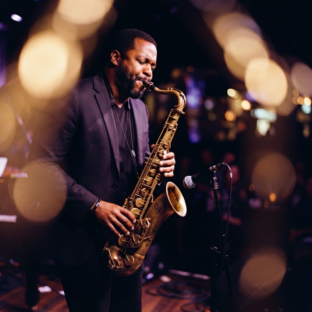 Jazz saxophonist in focus during a solo