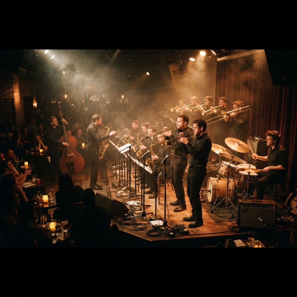 Jazz big band performing in a dim club
