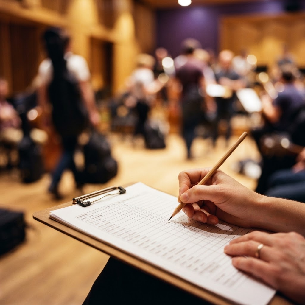 Attendance being recorded as musicians arrive for rehearsal