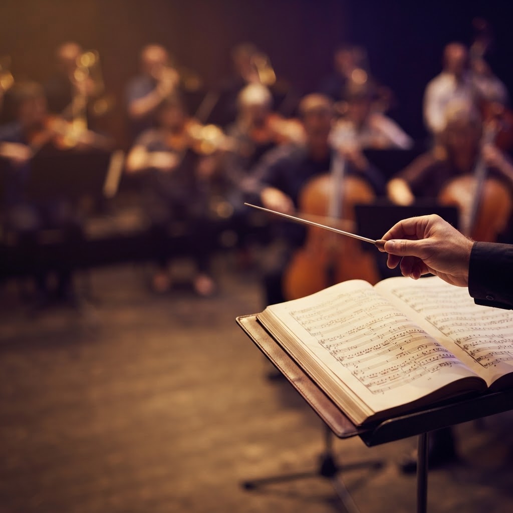 Conductor's baton and rehearsal score in focus