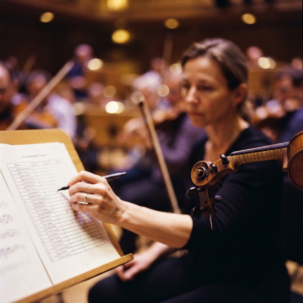 Concertmaster reviewing an ensemble roster beside a violin