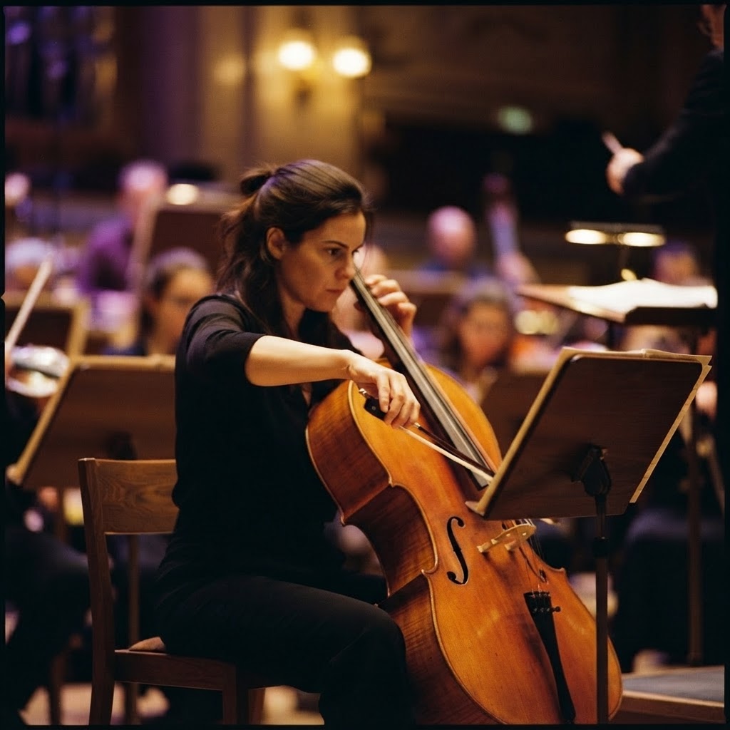 Cellist bowing in focus during an orchestra rehearsal
