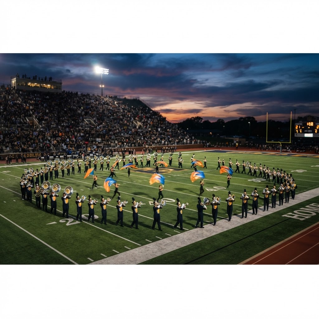 Marching band in formation under stadium lights at dusk