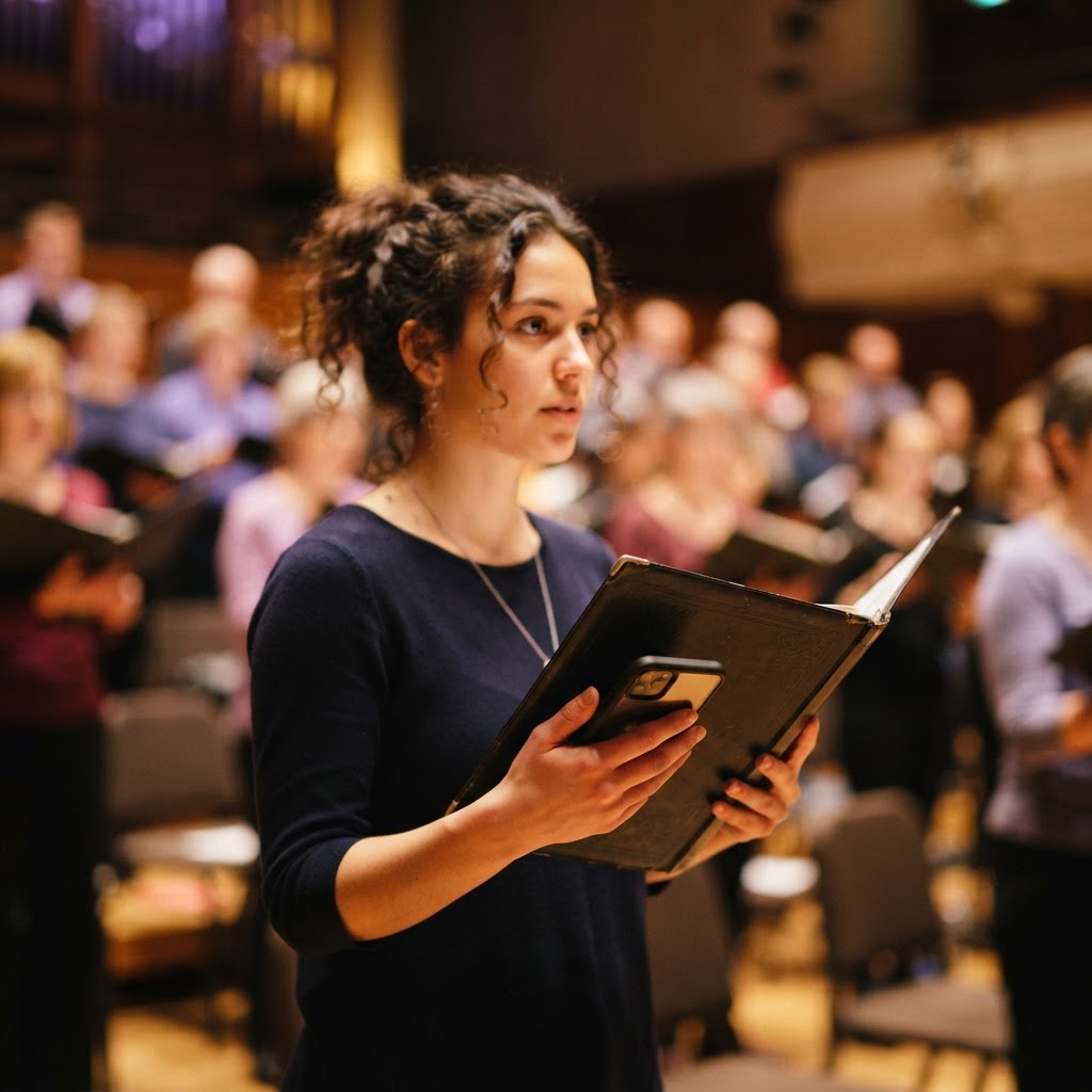 Choir singer checking an ensemble message during rehearsal