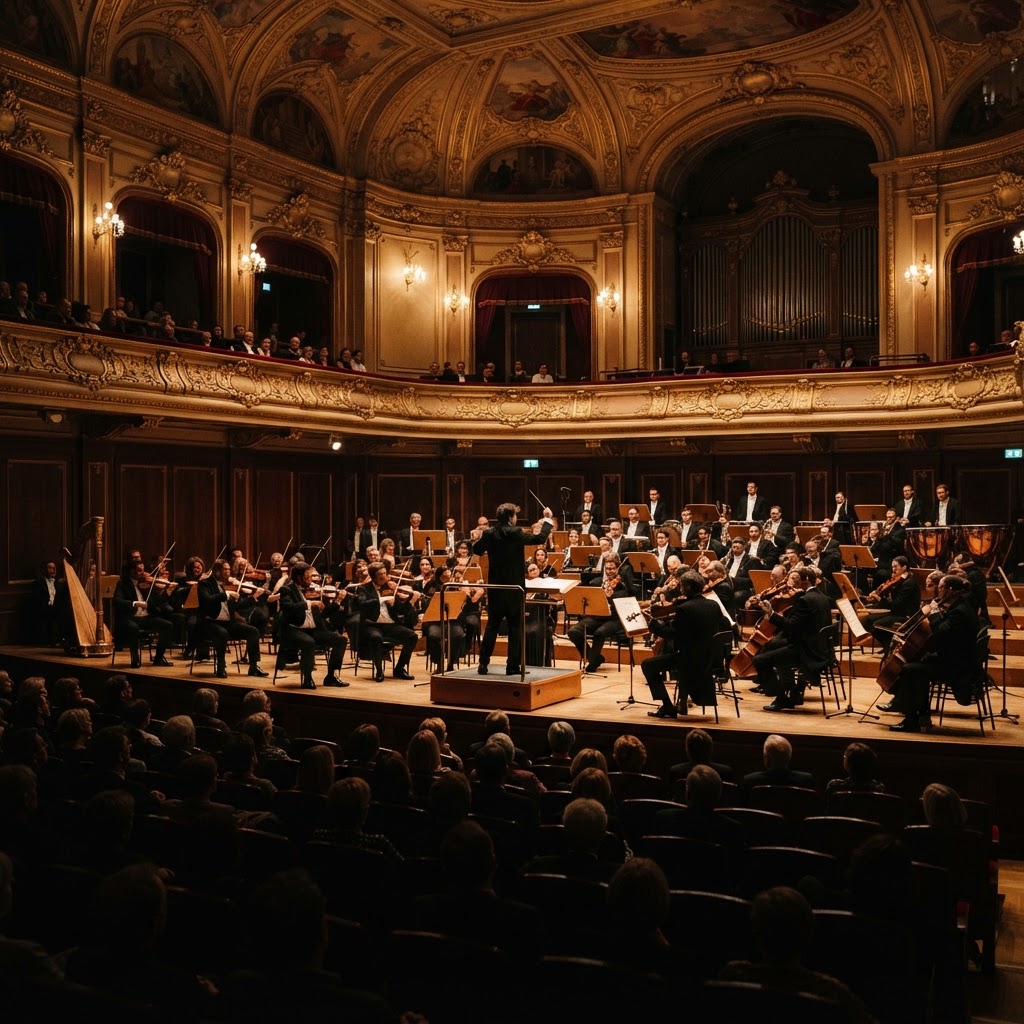 Symphony orchestra performing on a grand concert hall stage