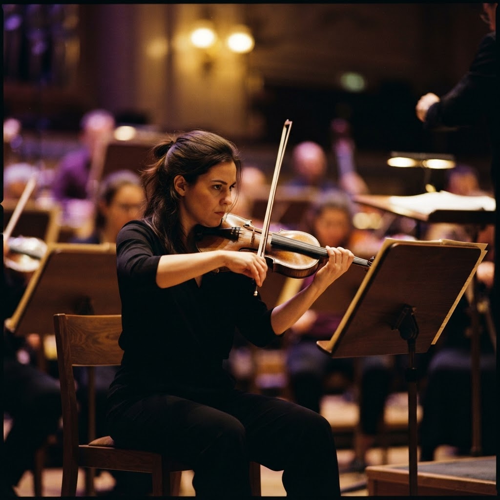 Violinist in focus preparing chamber music