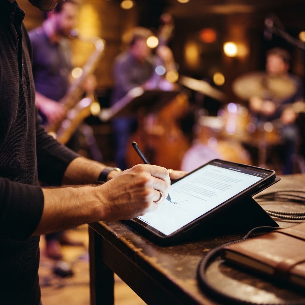 Musician signing an ensemble document on a tablet