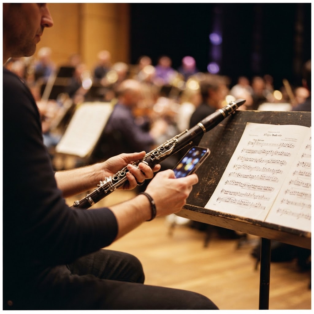 Woodwind musician checking the ensemble member portal
