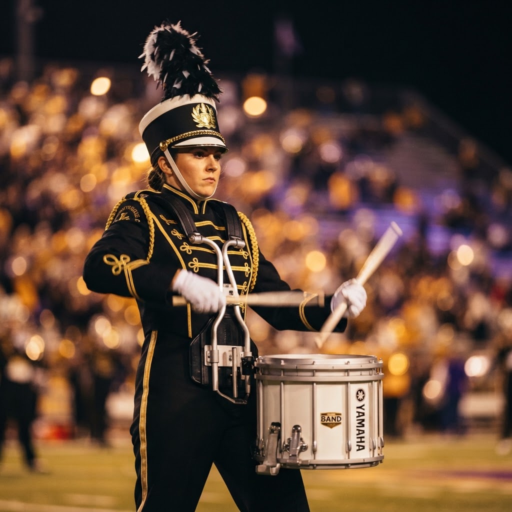 Marching band snare drummer mid-performance under stadium lights