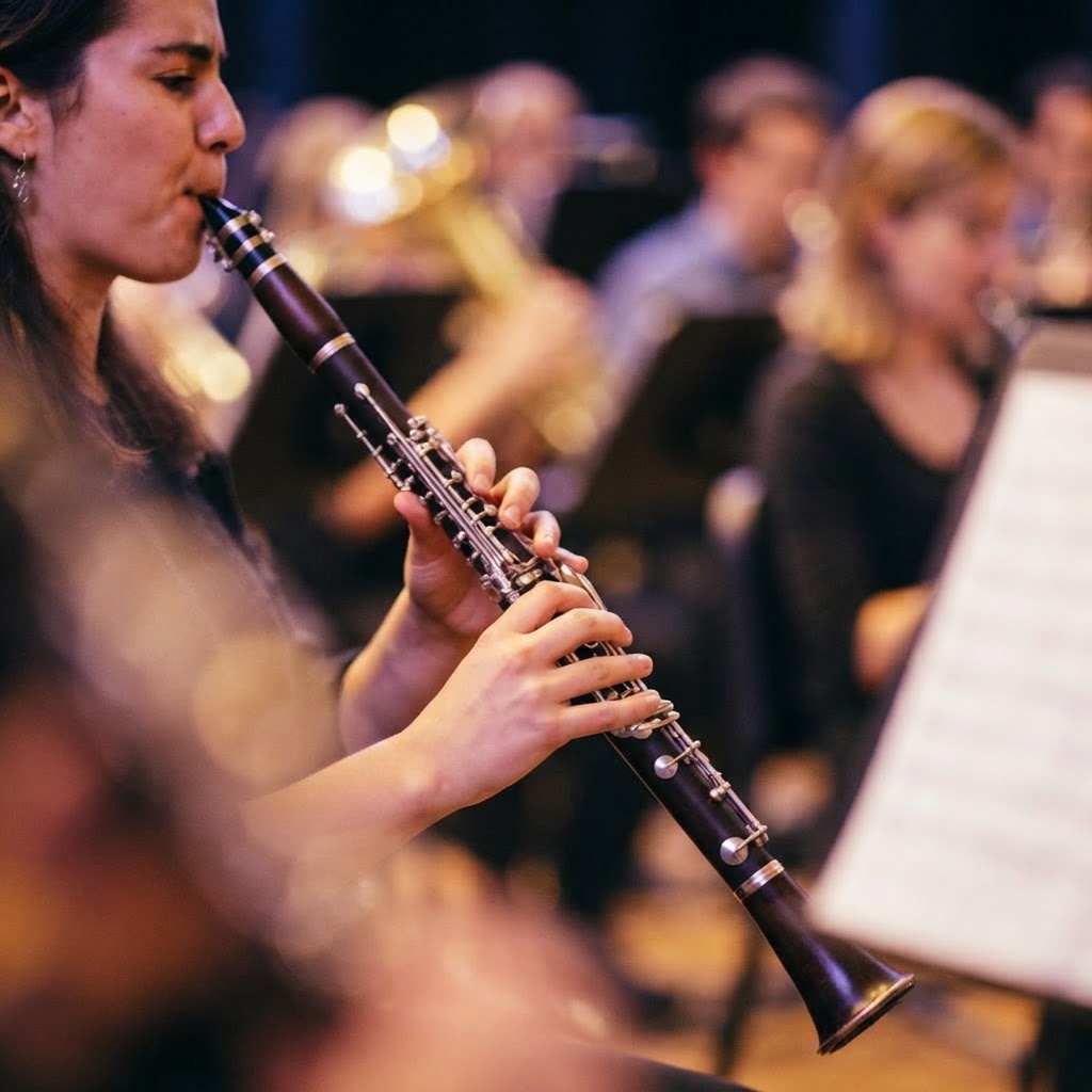 Clarinetist and silver keys in focus during a band rehearsal
