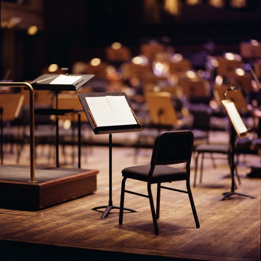 Music chair and stand positioned on a performance stage