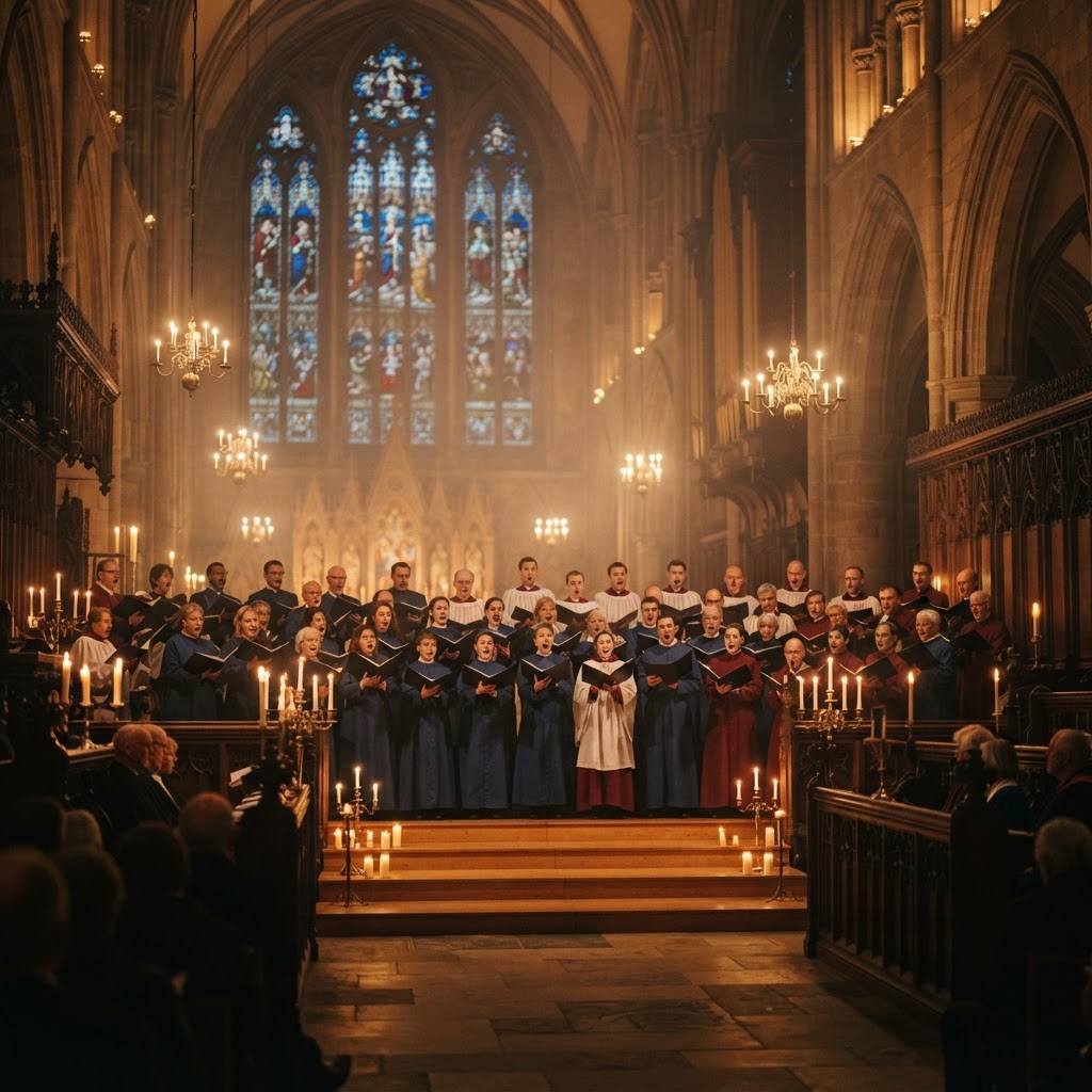 Choir performing on risers in a candlelit cathedral