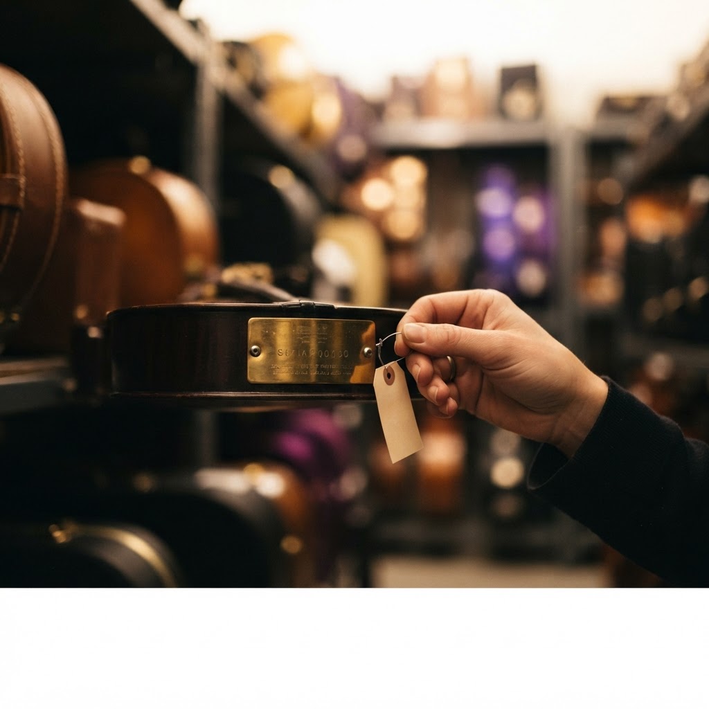 Inventory tag being attached to a brass instrument