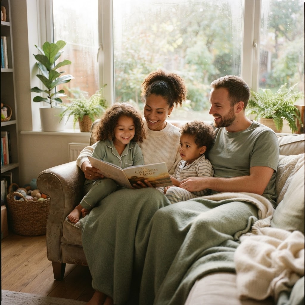 A parent sharing a quiet morning moment with their child
