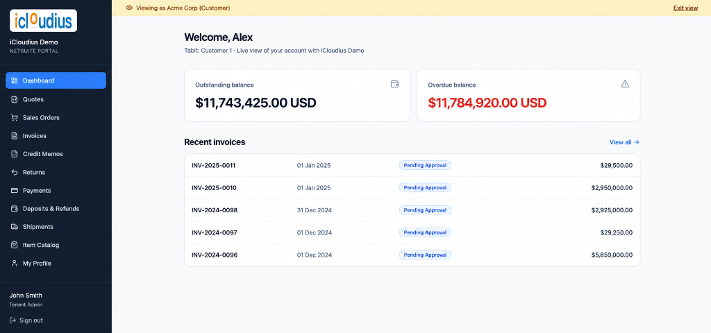 iCloudius NetSuite Portal — Customer dashboard showing balances, invoices, and order tracking
