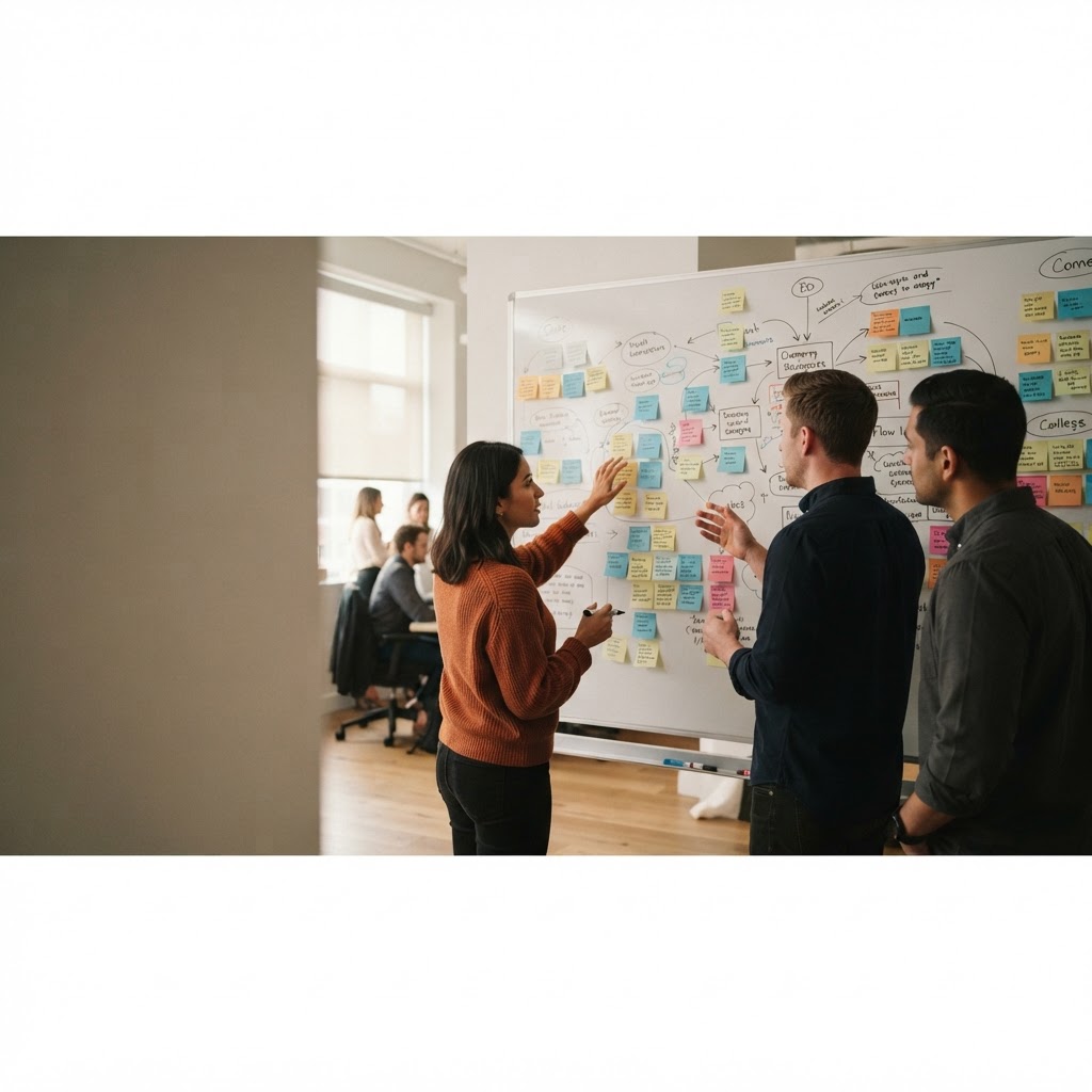 A Worx workshop with a client team at a whiteboard