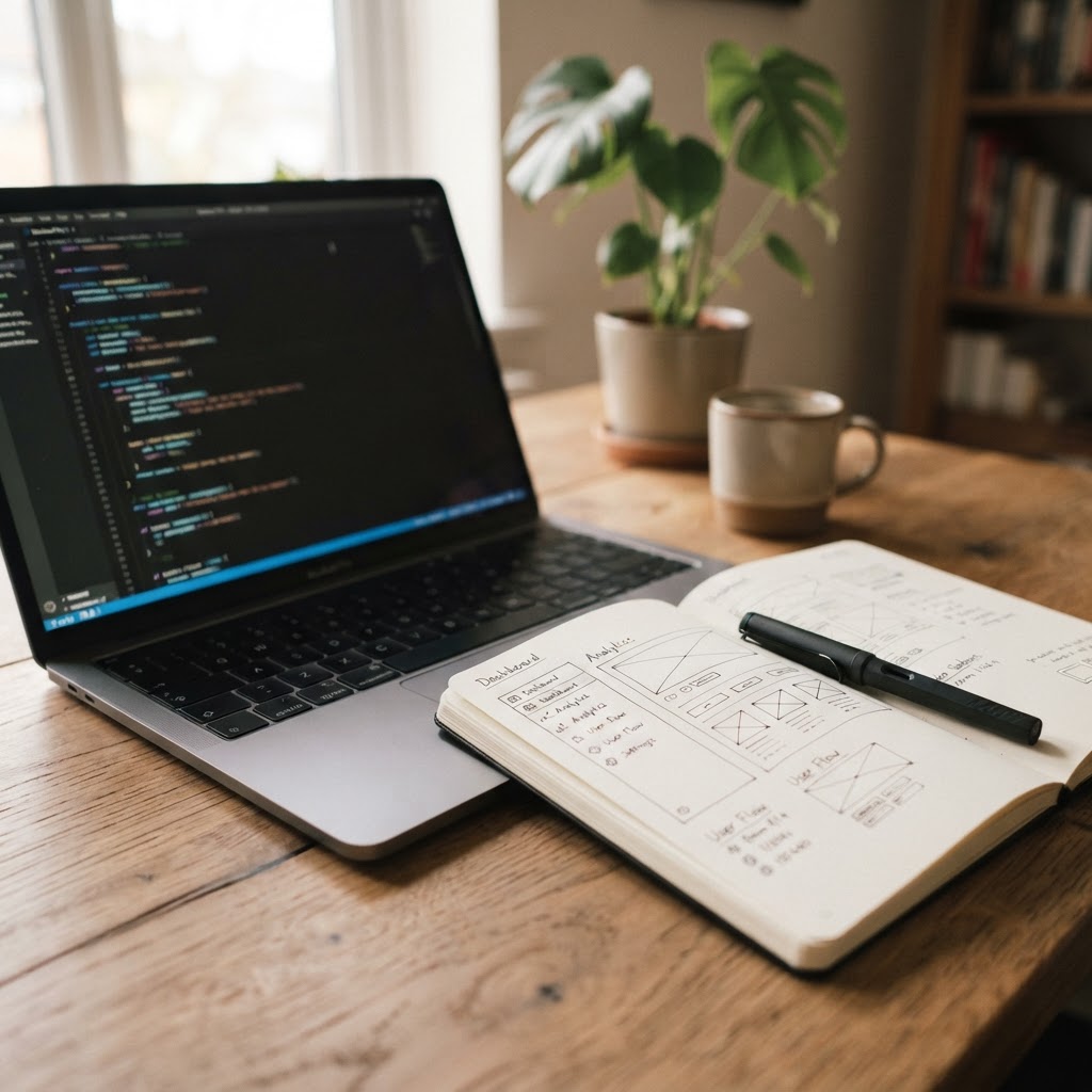 A laptop with code beside a sketched interface