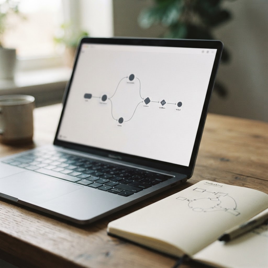 An automation workflow on a laptop beside a notebook