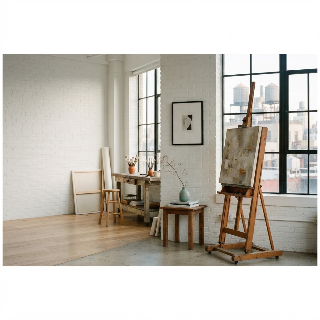 Bright NYC artist loft studio with framed artwork on the wall and a wooden easel beside large industrial windows