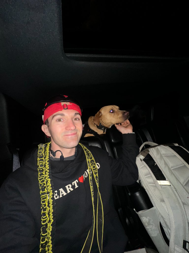 Early morning — Kyle and Moose riding to the start