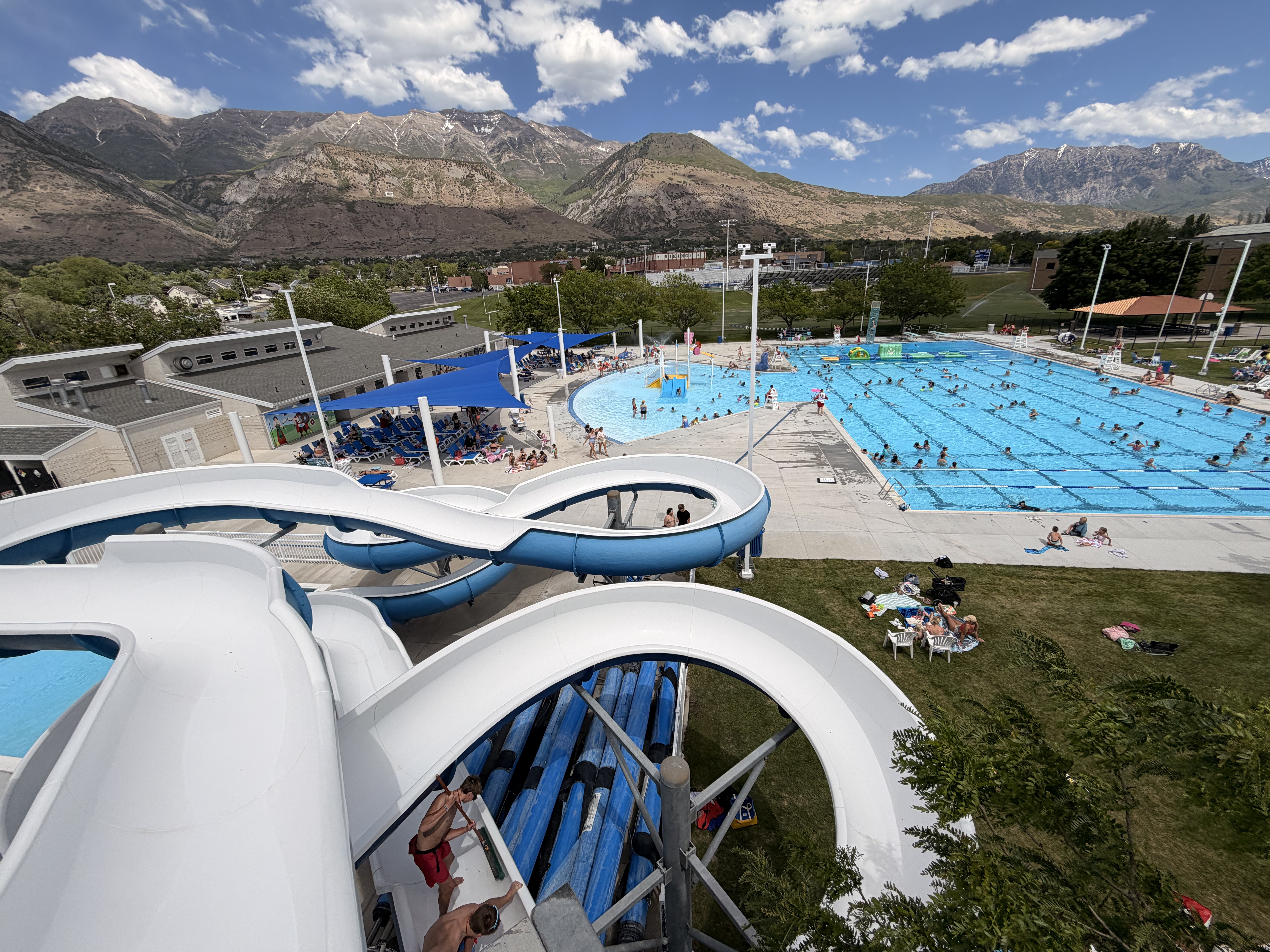 Aerial view of the aquatic facility with pools and water slides