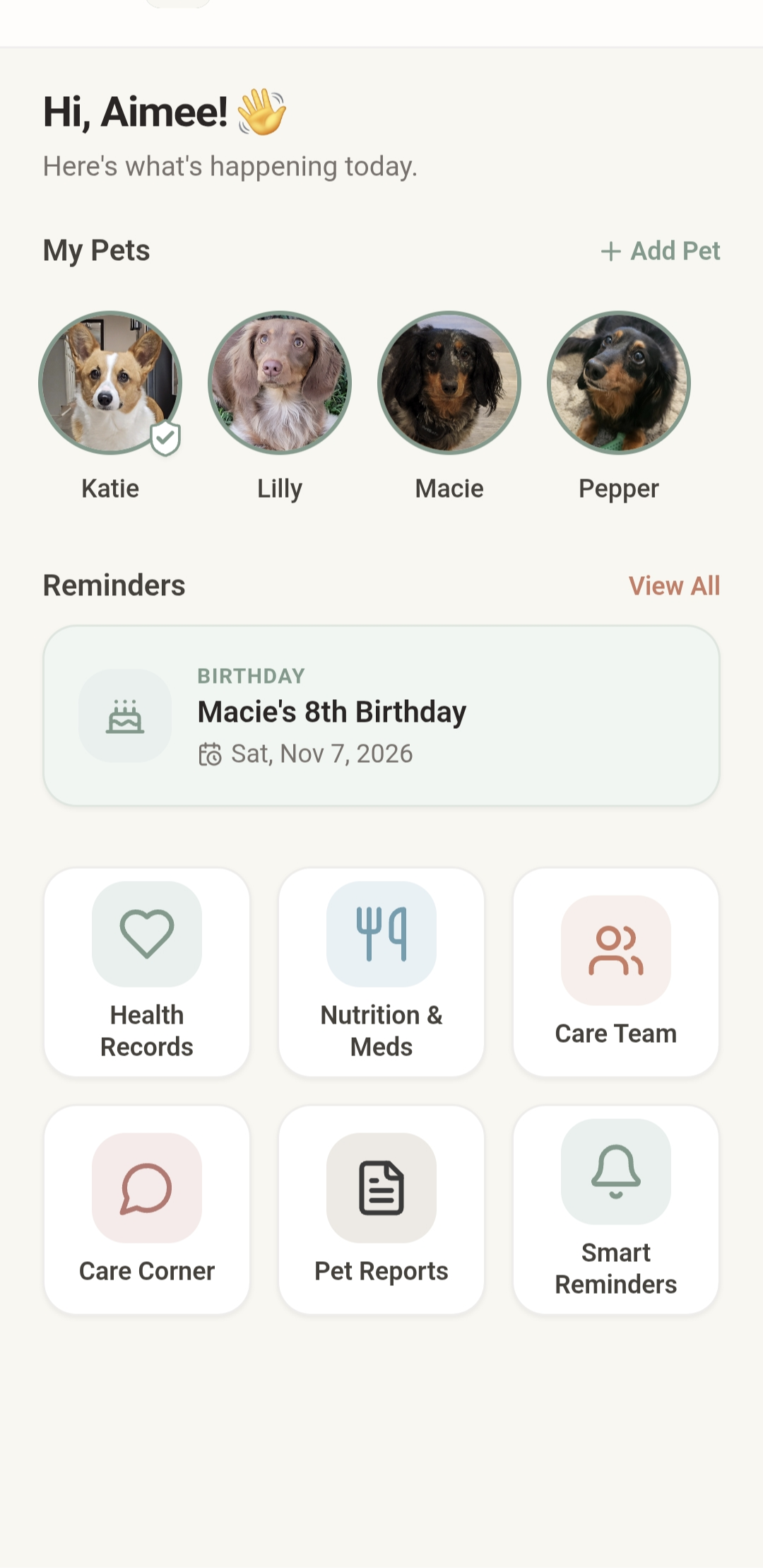 Pet wellness dashboard with pet profiles, reminders, and quick actions