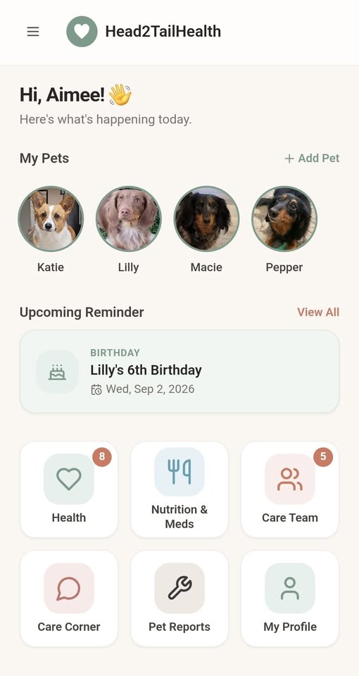 App home dashboard showing pets, reminders, and quick-access shortcuts