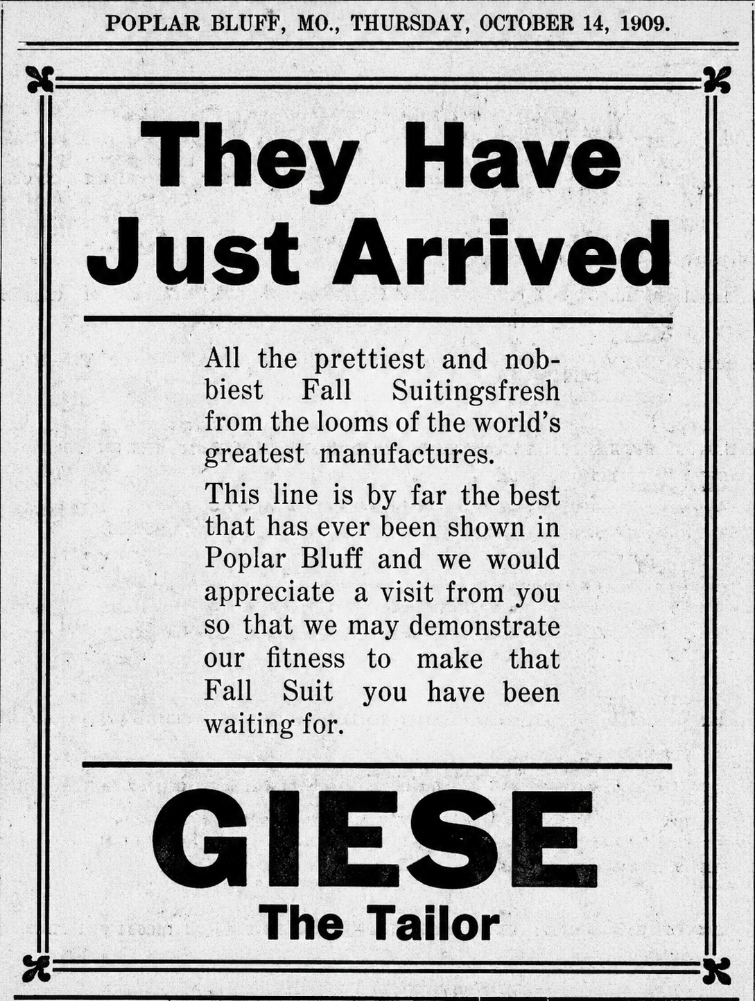 float-left: An October 1909 newspaper advertisement for Giese, The Tailor, a business that had already been established in Poplar Bluff for years.