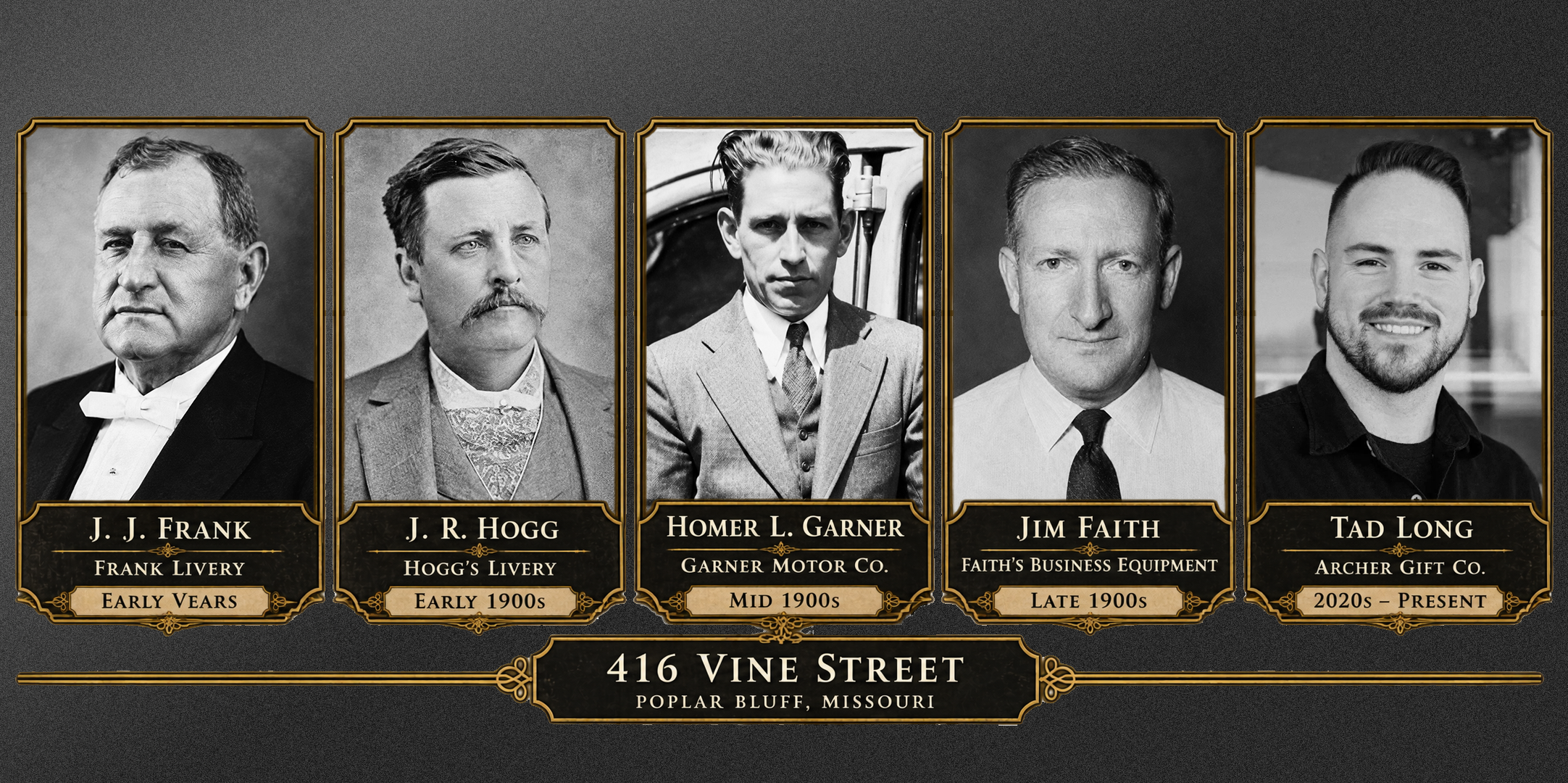 Composite graphic showing portraits of J. J. Frank, J. R. Hogg, Homer L. Garner, Jim Faith and Tad Long above the address 416 Vine Street, Poplar Bluff, Missouri