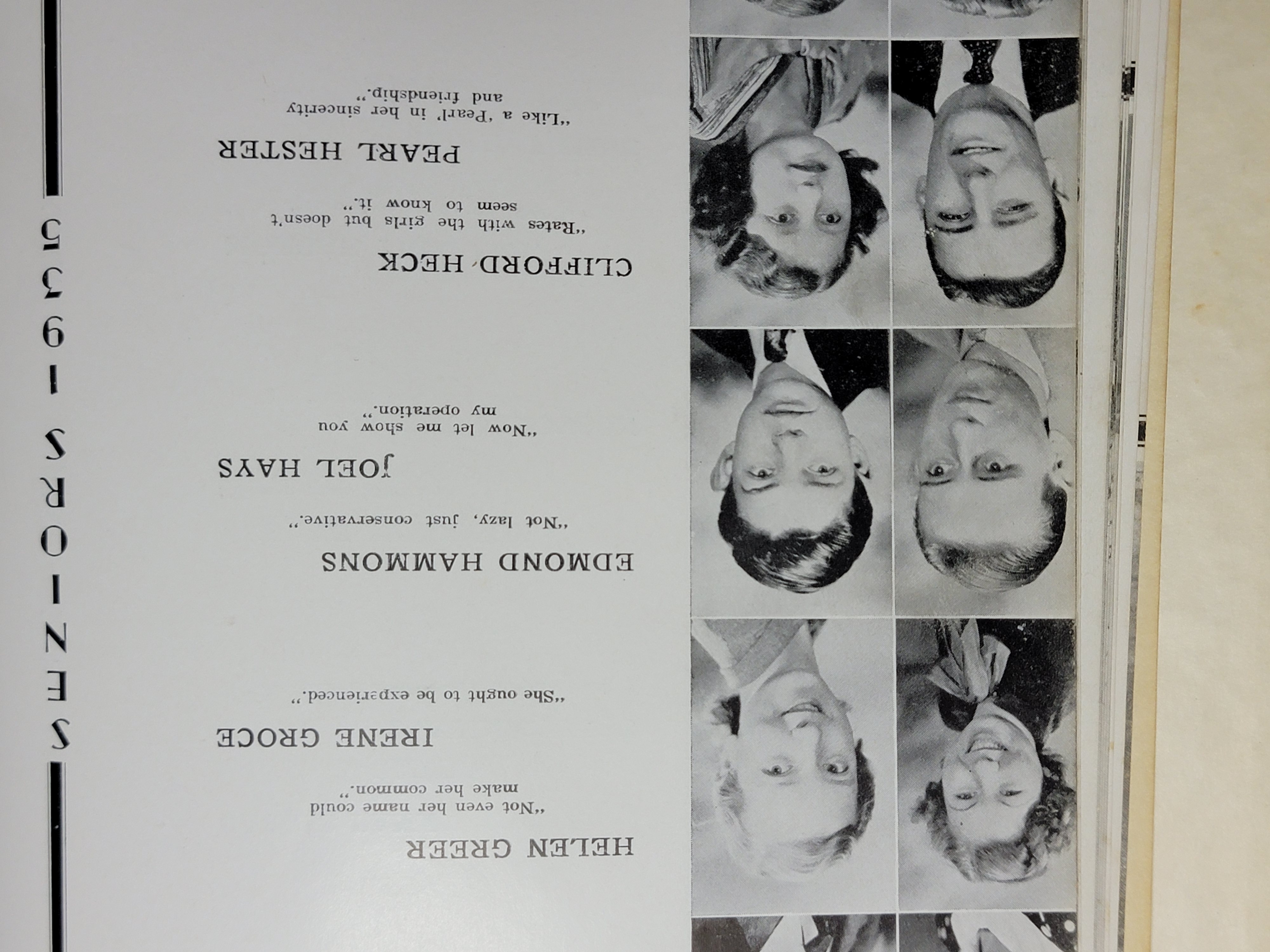 Yearbook page showing senior portraits, including Joel Hays alongside Edmond Hammons, Helen Greer, Irene Groce, Clifford Heck, and Pearl Hester