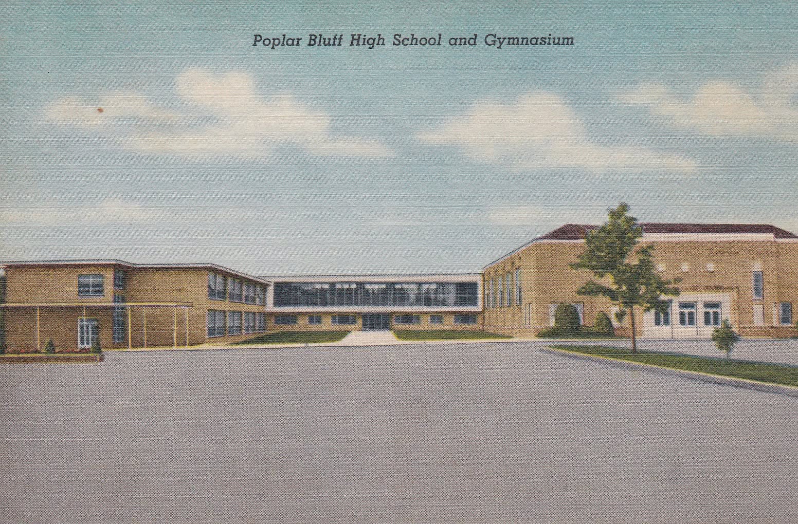 Poplar Bluff High School and Gymnasium - historic postcard, Poplar Bluff Missouri, c. 1957