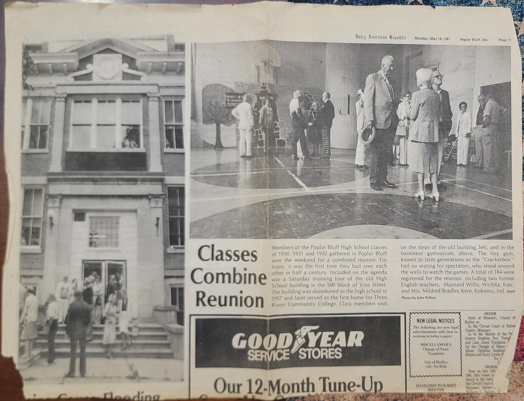 Newspaper clipping from the Daily American Republic dated May 18, 1981, showing alumni gathered outside the old high school and inside the gym
