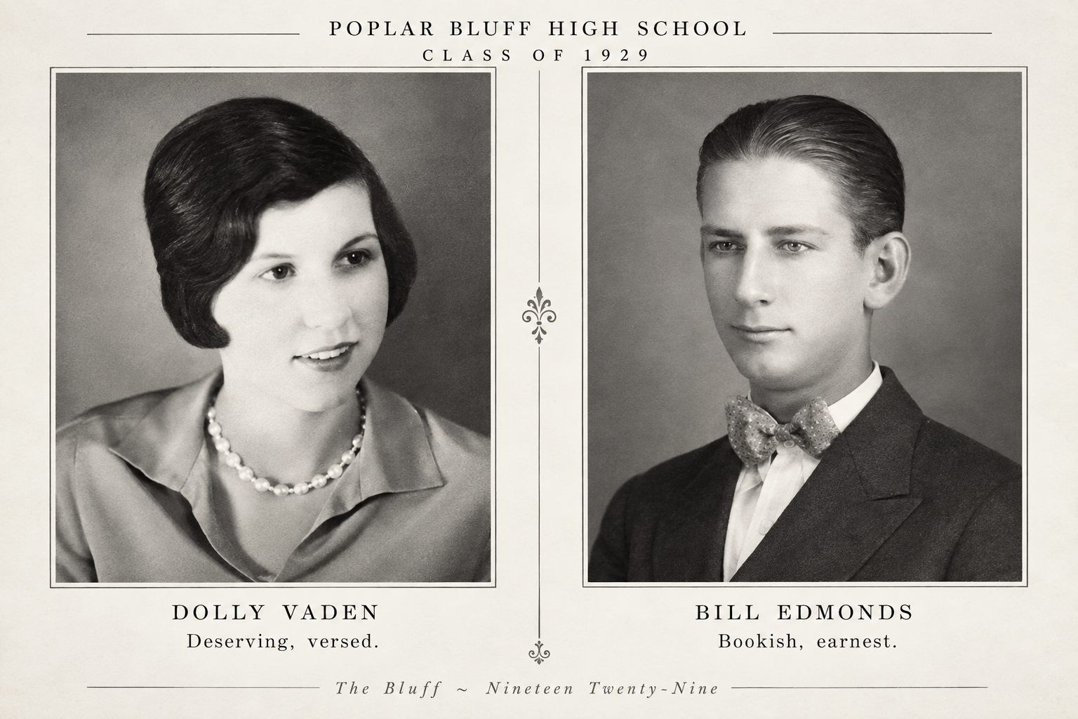 Class portraits of Dolly Vaden and Bill Edmonds side by side from the 1929 Poplar Bluff High School yearbook with short character descriptions below