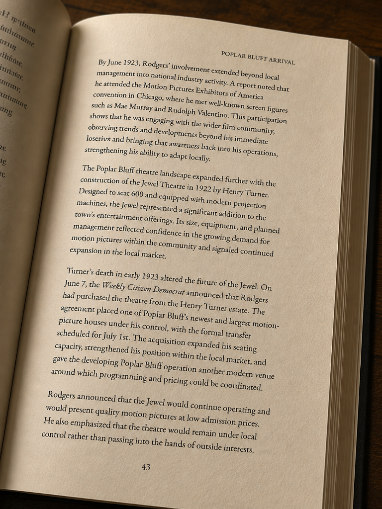 Book page sample — "Poplar Bluff Arrival"