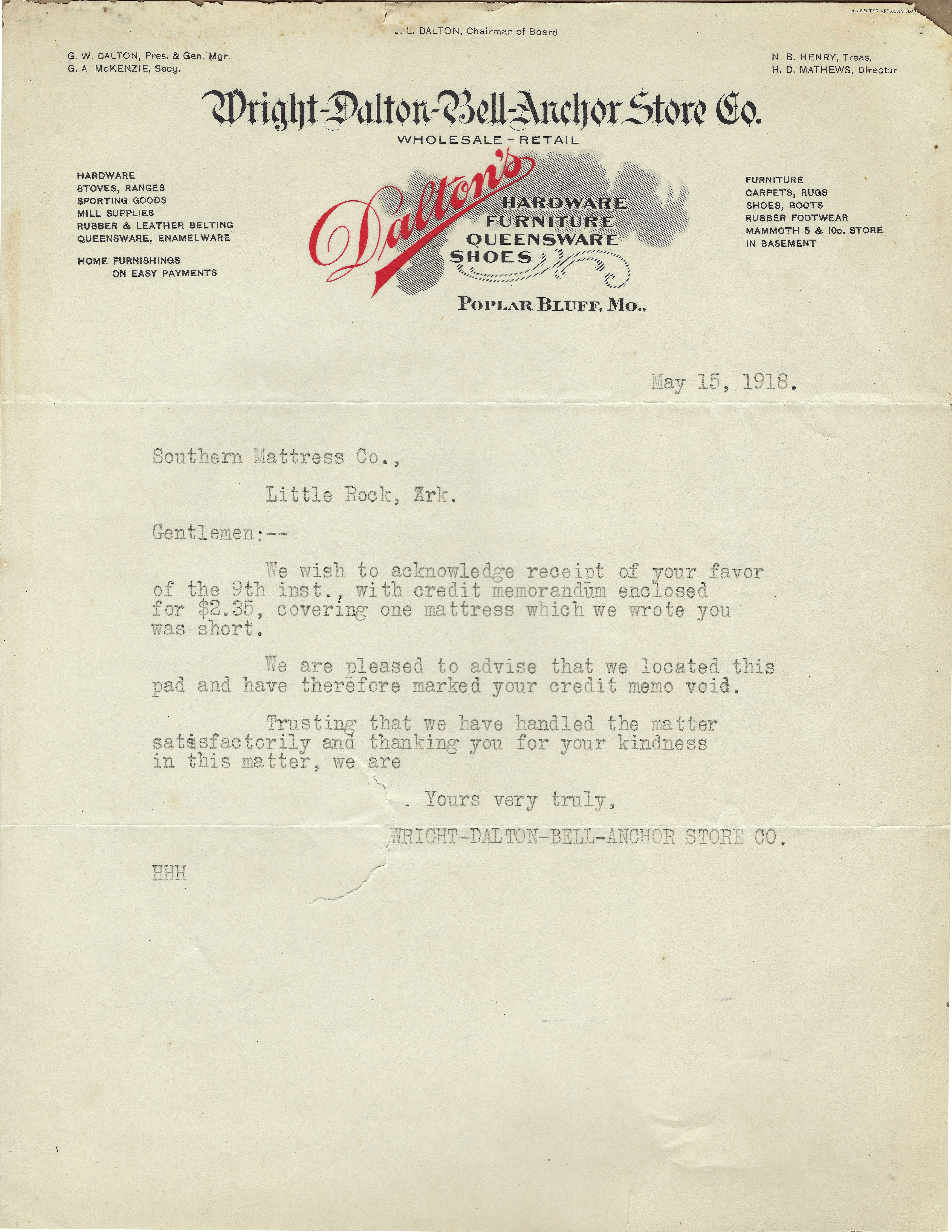 Wright-Dalton-Bell-Anchor Store Co. Business Letter, 1918