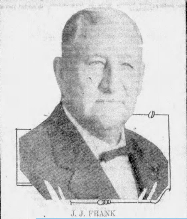 J. J. Frank, who brought the livery business to this corner and stayed in the transportation and undertaking trades for some thirty years. Daily American Republic, 1930.
