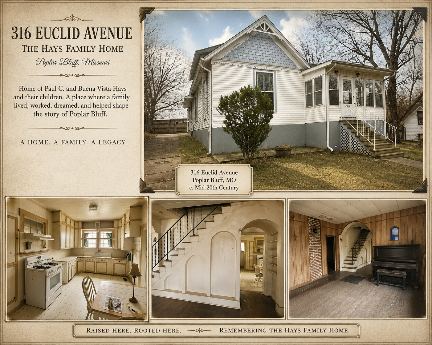 Photo collage showing exterior front view of white one-and-a-half-story house at 316 Euclid Avenue, alongside interior views of kitchen, arched staircase, and living room with piano