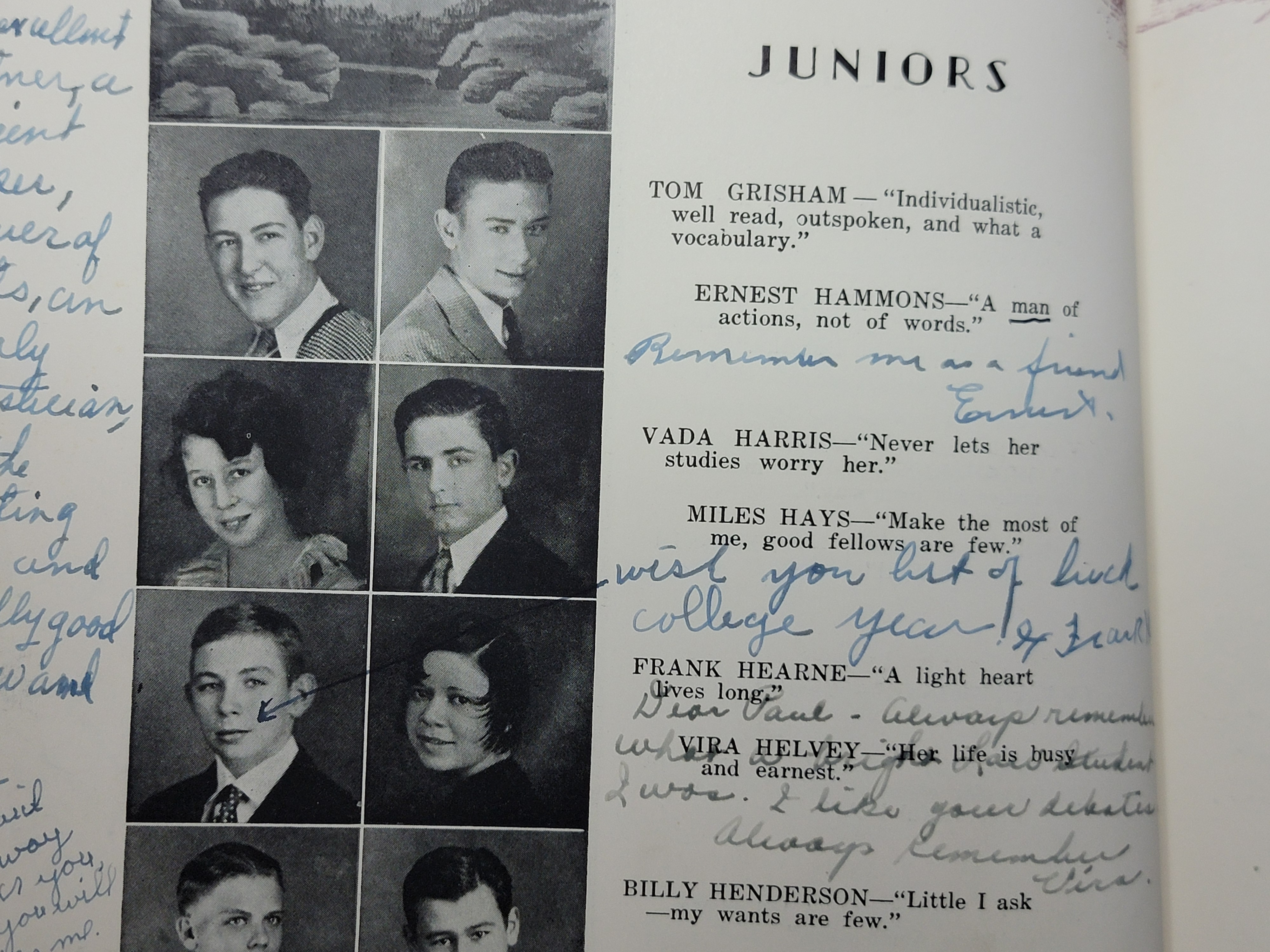 Yearbook page with student portraits including Miles Hays, surrounded by handwritten signatures and notes