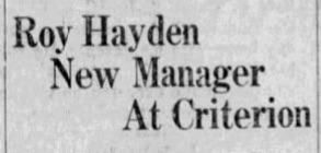 "Roy Hayden New Manager At Criterion" — historic newspaper headline