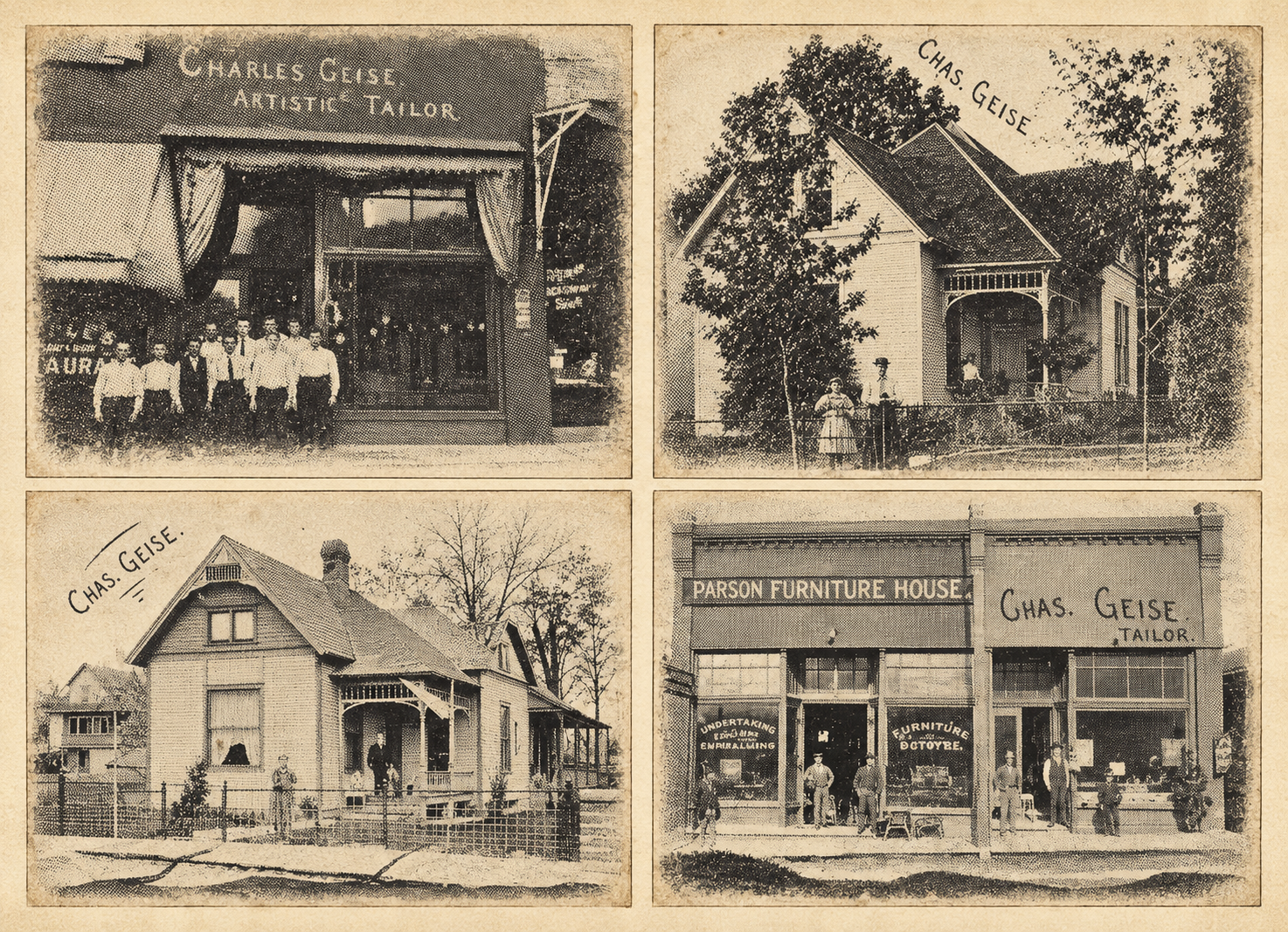 Reference sheet of four historic photographs: two storefronts signed Charles Giese, Artistic Tailor, and two views of a frame house inscribed Chas. Geise.