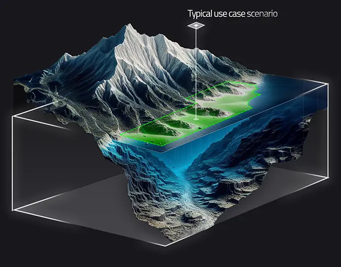 Typical use case — surface terrain and subsurface bathymetry captured within a single volumetric bound.