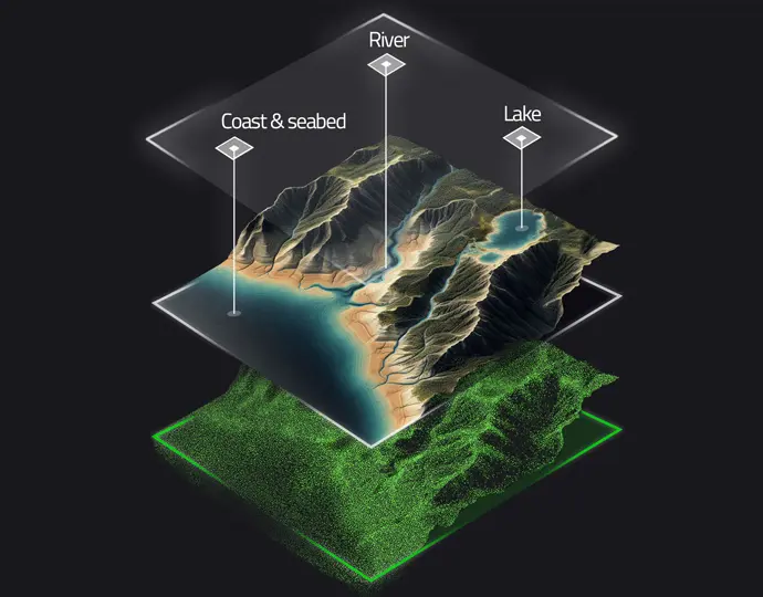 Layered fusion — coast & seabed, river, and lake surfaces stacked over terrain point cloud.