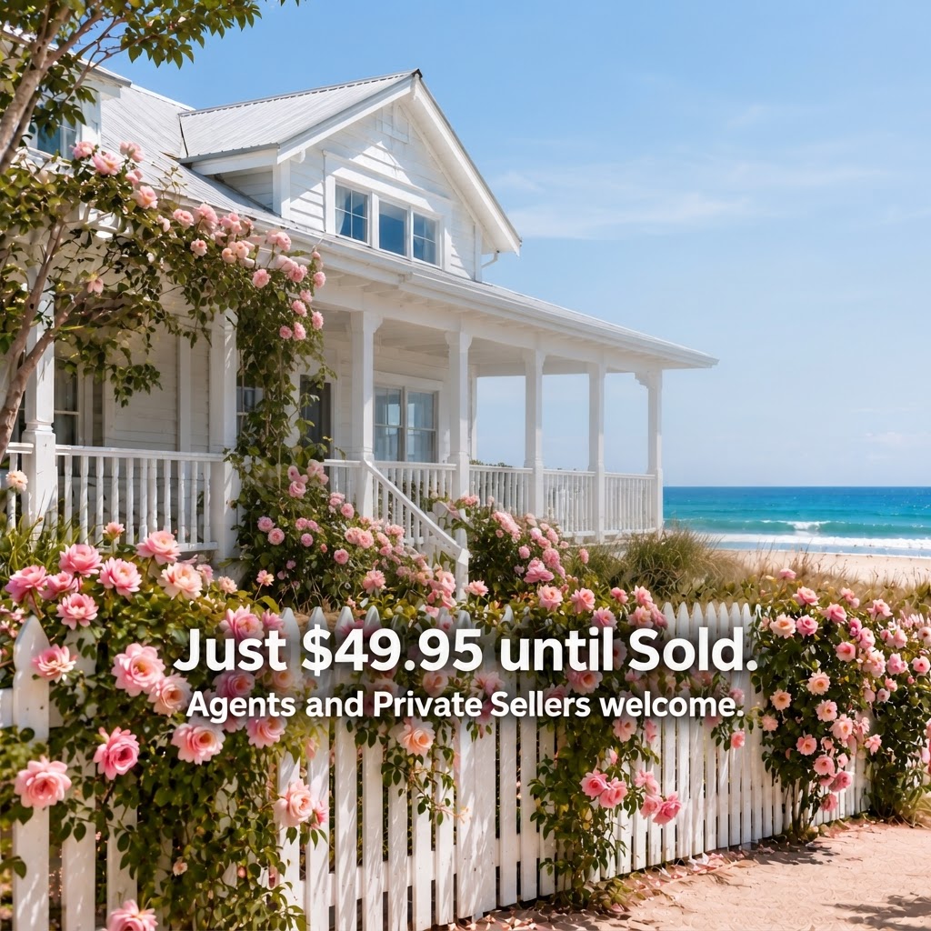 White beach house with pink roses behind a picket fence