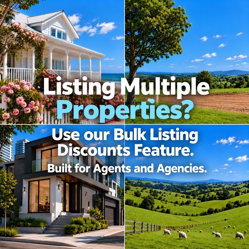 Four New Zealand property scenes — listing multiple properties with bulk discounts