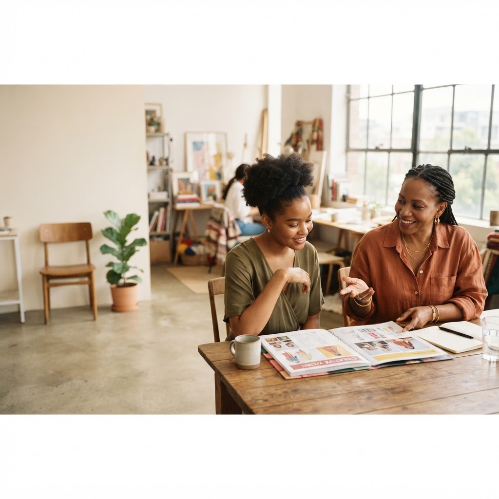 A mentor and an emerging creative reviewing a portfolio together