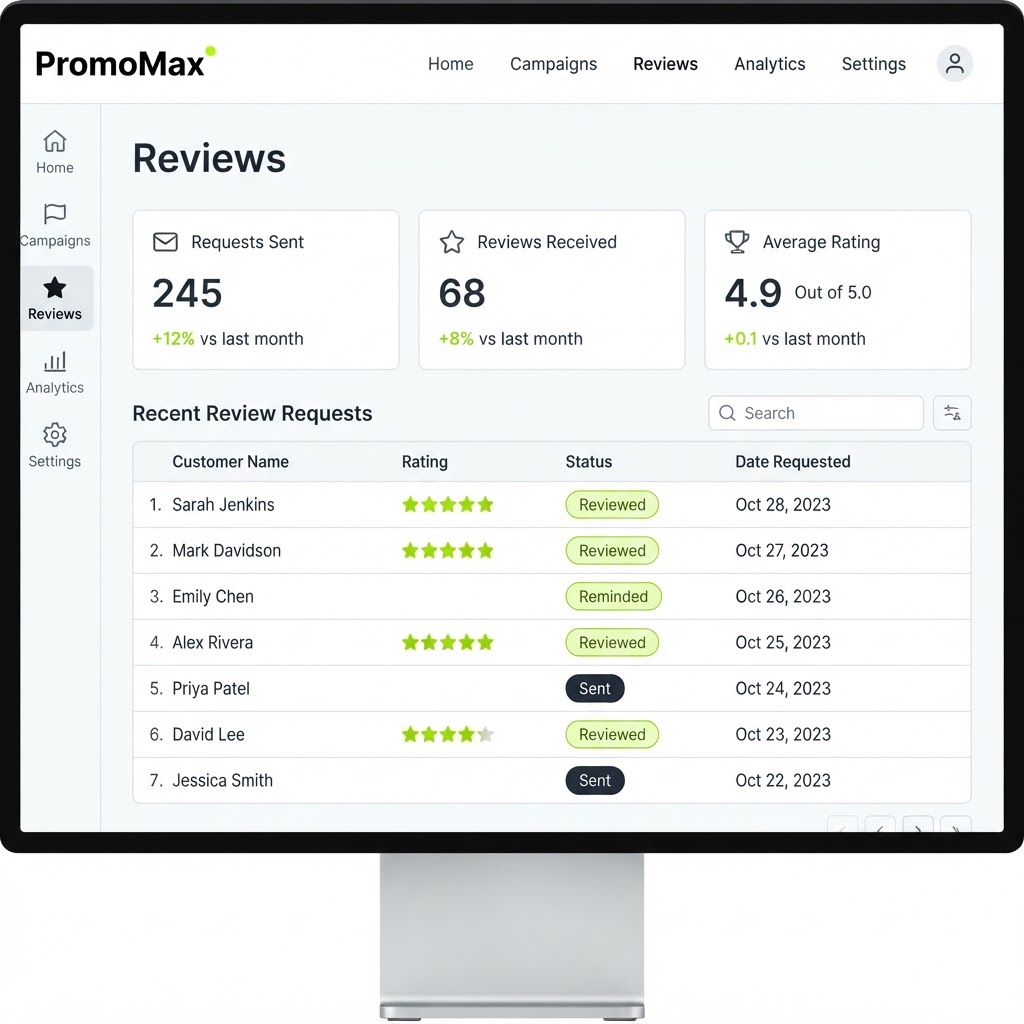 Google review management software dashboard showing review requests sent, reviews received and replies