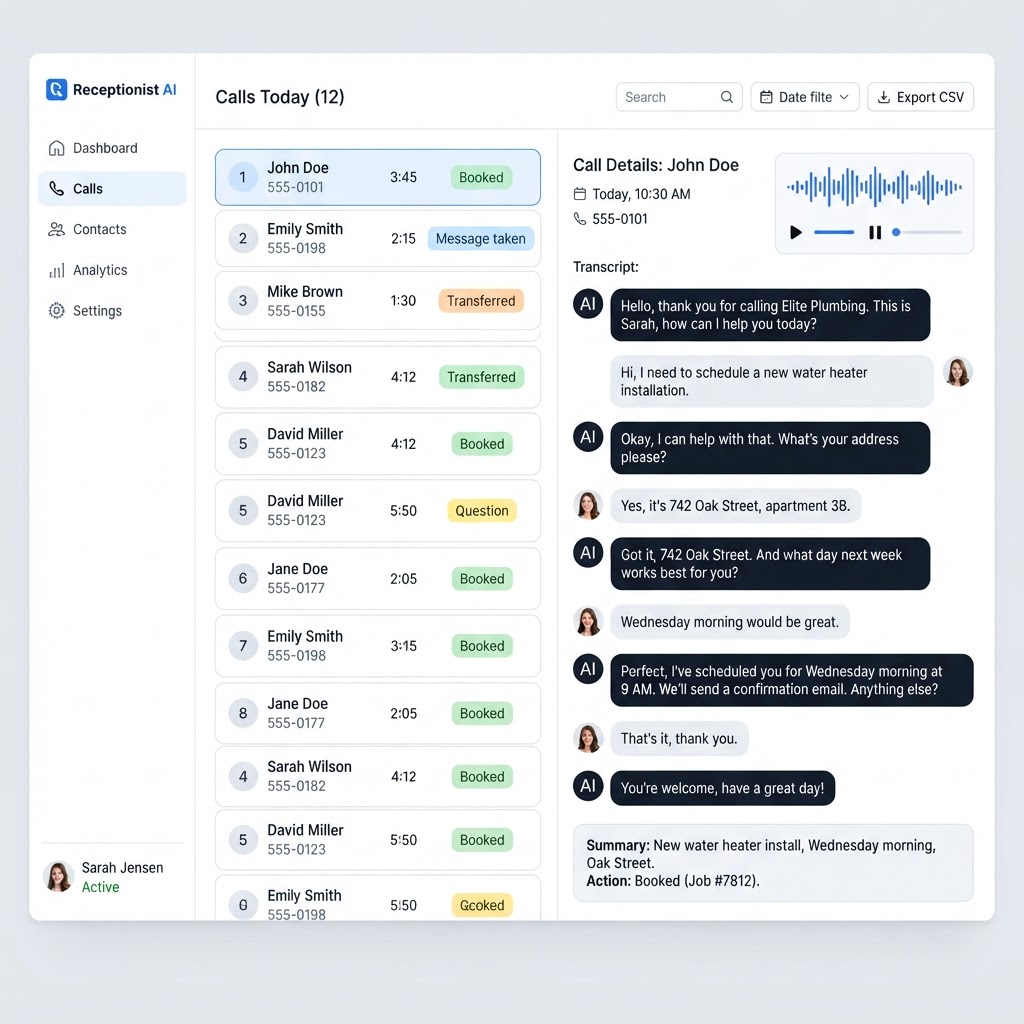 AI receptionist call log with call outcomes and a full call transcript